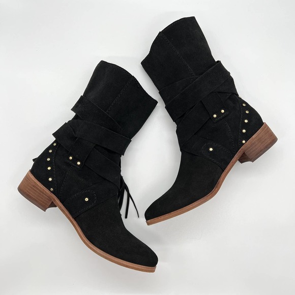 SEE BY CHLOE Suede Ankle Boots Womens 38.5 Black Studded Ankle Wrap Slouch - Picture 7 of 10